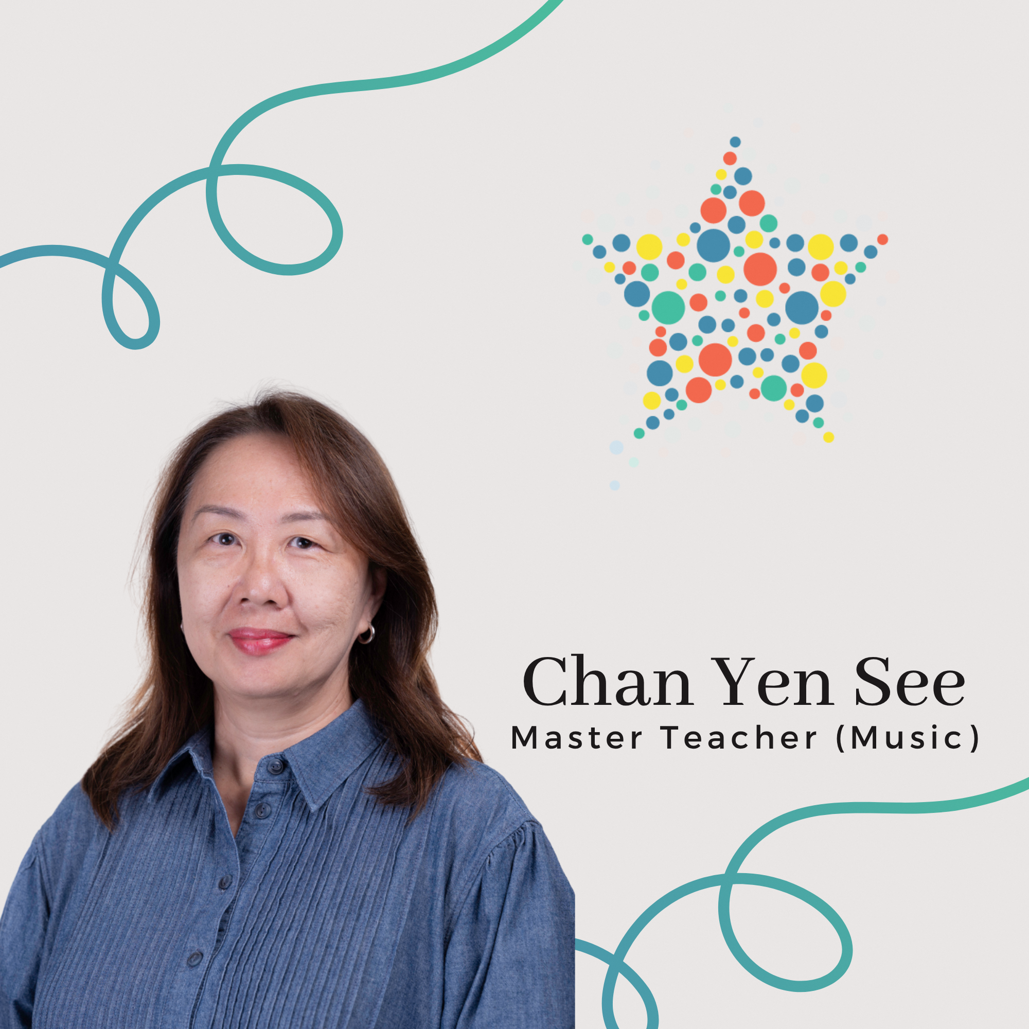 Profile photo of Chan Yen See, Master Teacher (Music). A portrait of her with shoulder length dark hair, wearing a blue collared top and looking at the camera with a gentle smile.